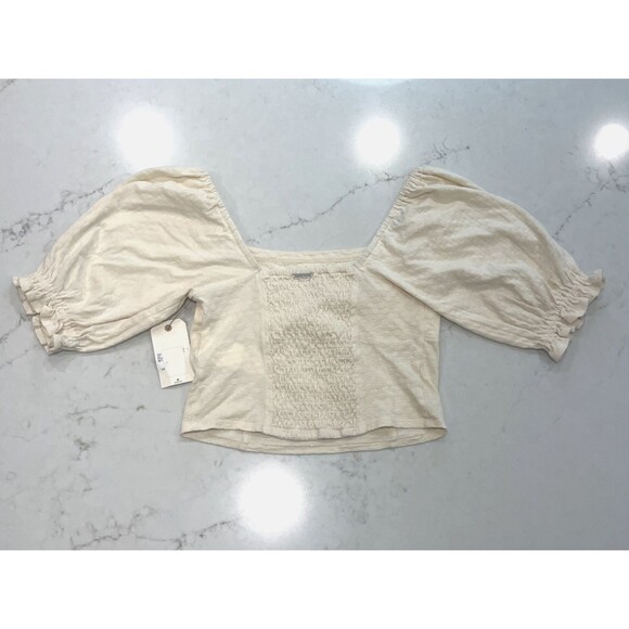 Billabong Flora Smocked Back Boho Crop Short Puff Sleeve Top Cotton Ivory M - Picture 3 of 9